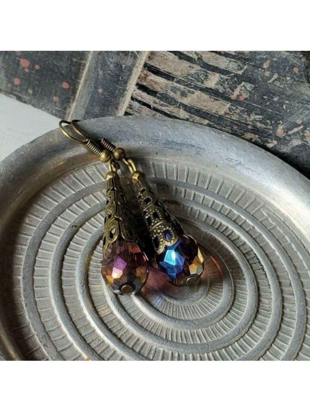 Antique Bronze Filigree Faceted Purple Luster Crystal Teardrop Earrings